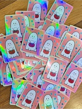 *B1G1 Holographic Pink Ghost Trick-or-Treat Sticker | Waterproof